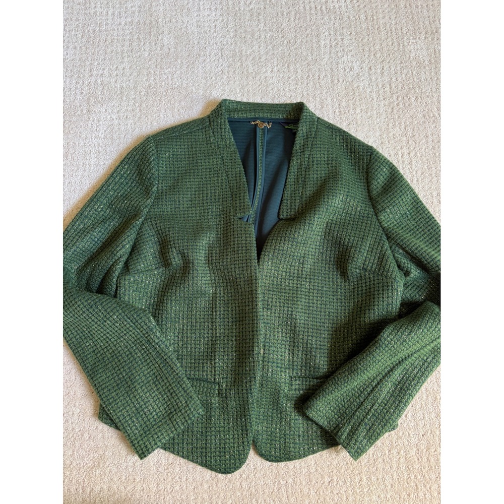 C. Wonder Blazer L Green Tweed Metallic Gold Open Front Cropped Festive Office